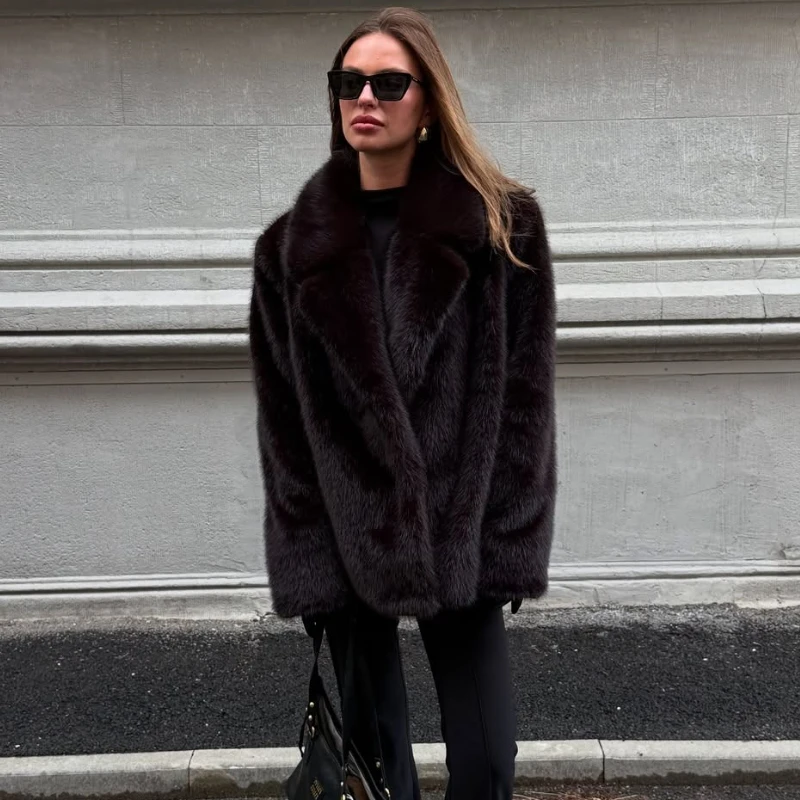 TARUXY الفاخرة فو الفراء التلبيب معطف المرأة أنيقة الصلبة فضفاض الدانتيل متابعة الترفيه سترة الشتاء موضة الإناث الدفء معطف الفرو #6