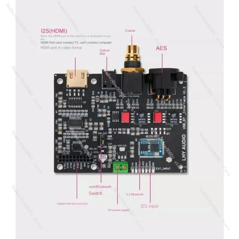 For QCC5125 Bluetooth 5.1 Digital Audio Output Board I2S To Coaxial Fiber SPDIF AES HDMI USB Interface