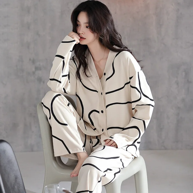 New Ladies Pajamas Homewear Suit Female Cardigan Spring and Autumn Models Long-Sleeved Cute Girl Models Ins Casual Homewear