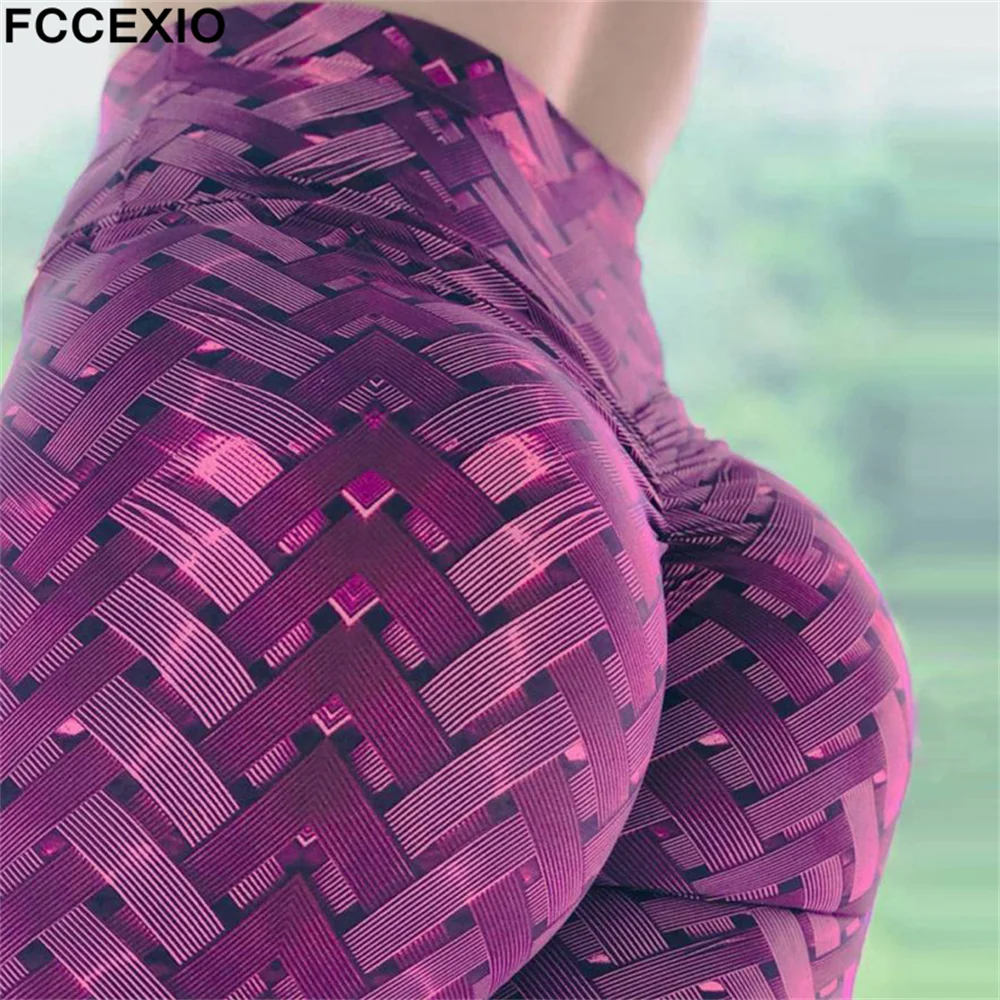 

FCCEXIO Woven Plaid 3D Print Women's Pants Push Up Running Sports Leggings Slim Pants Casual Trousers Fitness High Waist Leggin