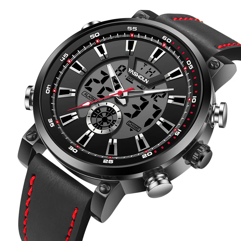 Yashidun marca relógio masculino quartzo led relógios esportes pulseira de couro relógio à prova dwaterproof água luminosa semana data relógios militares