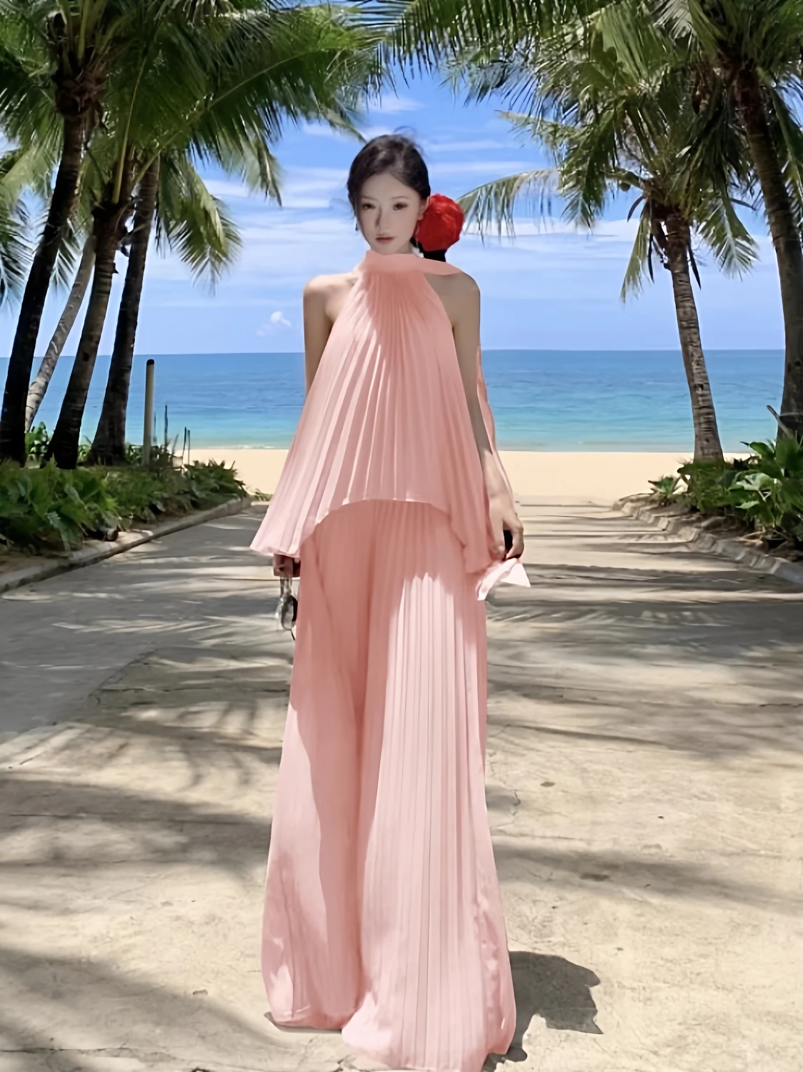 

Ele Vaion Sle Set Beautiful Beach Side off oulder Top High Waist Pleated Draped Wide Leg Long Pants Two Piece Set
