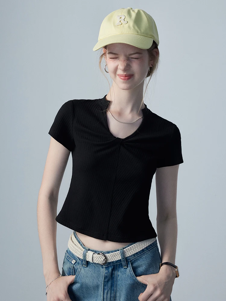 

EGGKA Женская облегающая футболка ort Sve Pure Color Knot Pit Stripe Design Summer Faion с талией Топ из хлопка и спандекса