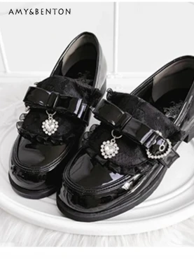 

Subculture Gothic Low Heel Single Shoes Original Japanese Mine Series Mary Jane Shoes with Rhinestones Beads Lace Bow High Heels