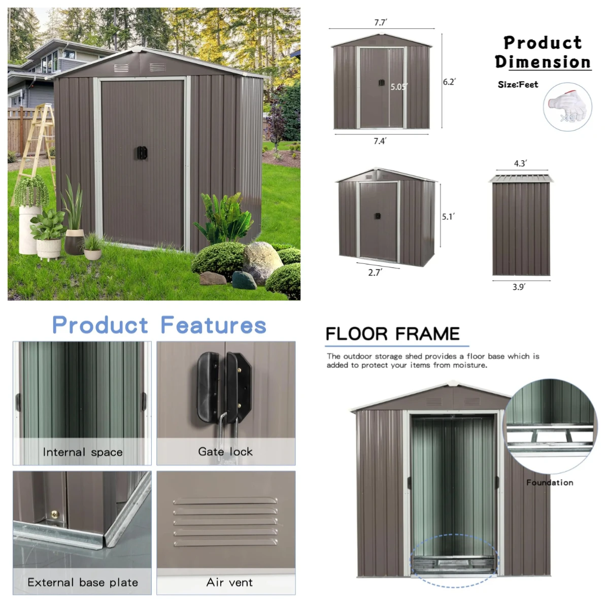 

8x4 ft Outdoor Metal Storage Shed with Floor, Lockable Galvanized Steel Tool Shed with Sliding Door & Air Vent, Customized