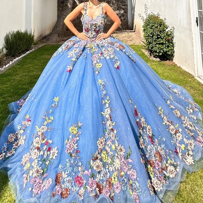 

Mexico Luxury Blue 3D Flowers Quinceanera Dresses V Neck Ball Gown Prom Dress Sweet 16 Birthday Party Wear Vestidos De 15 Años