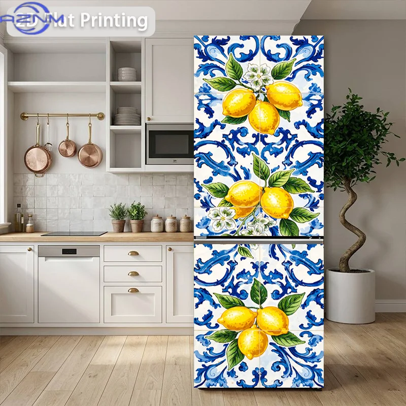 [Printing] Refrigerator Sticker 60 X 180 Cm Blue And White Lemon Vine Theme Design, Self-Adhesive Wall Decoration Wallpaper, S
