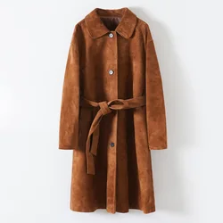 2024 Winter New Suede Wool Maillard Heavy Industry Jacket Lapel Loose Belt Long Coat E66