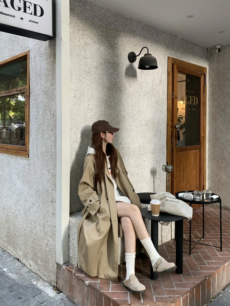 

Trench Coat Female Spring-Autumn Smooths Silhouette Irregular Joint A-Line Korea Environmentalerial Pleats Airy Strap O-Neck