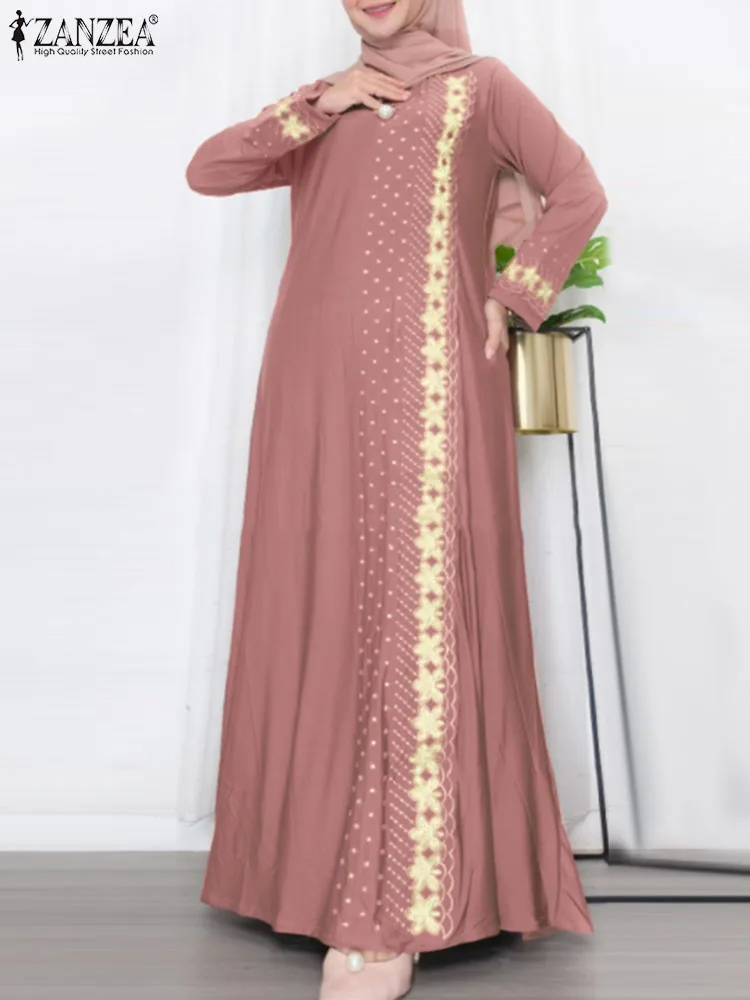 ZANZEA damska jesienna Kaftan z długim rękawem muzułmańska sukienka letnia Vintage kwiatowy drukowany Maxi sukienka Femme Ramadan islamska odzież