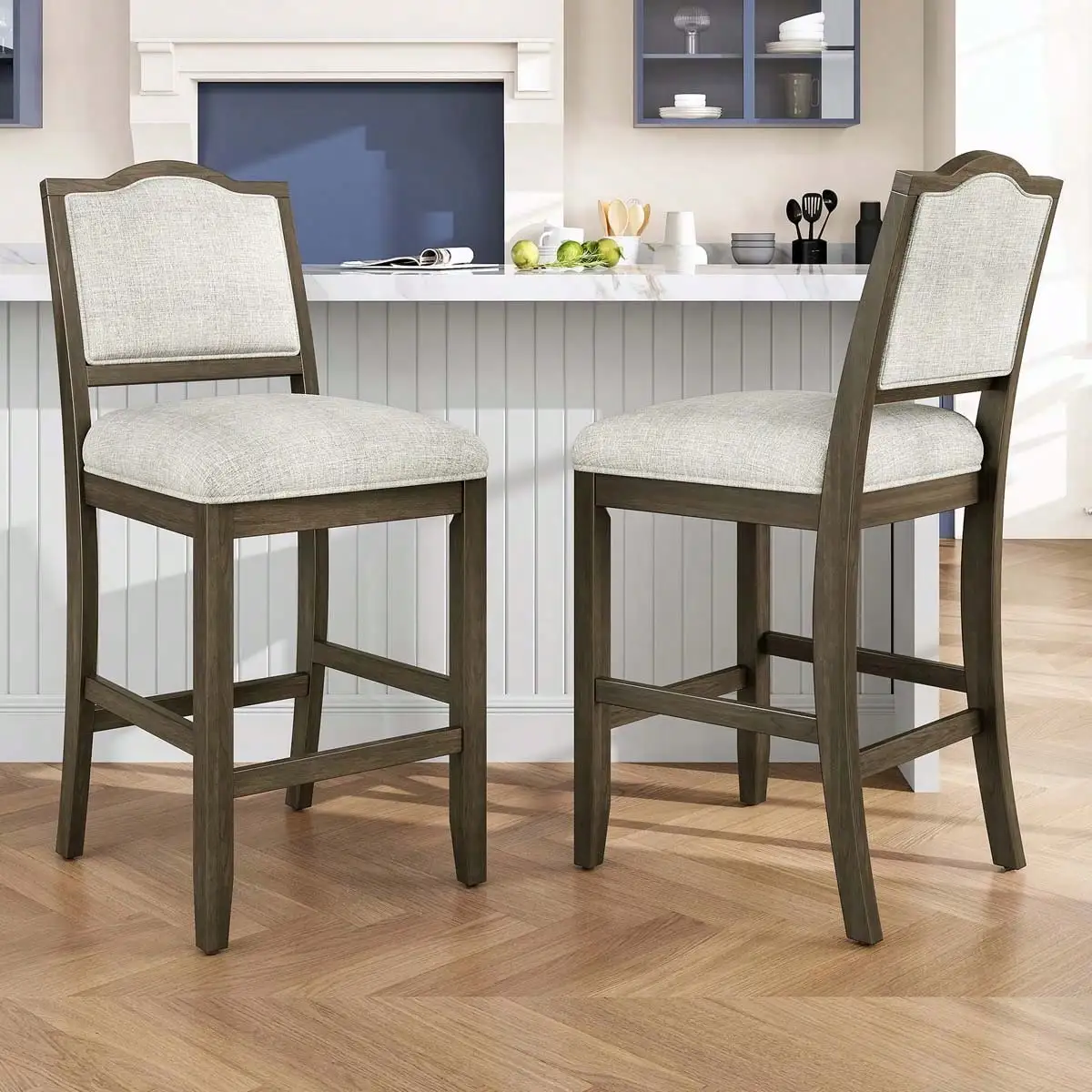 MERAX Counter Height Bar Stools Set Of 2 - Rustic 2 Pack Bar Stools With Rubber Wood Frame, Ergonomic Backrest, Versatile For Kitchen Island, Dining Room, Brown