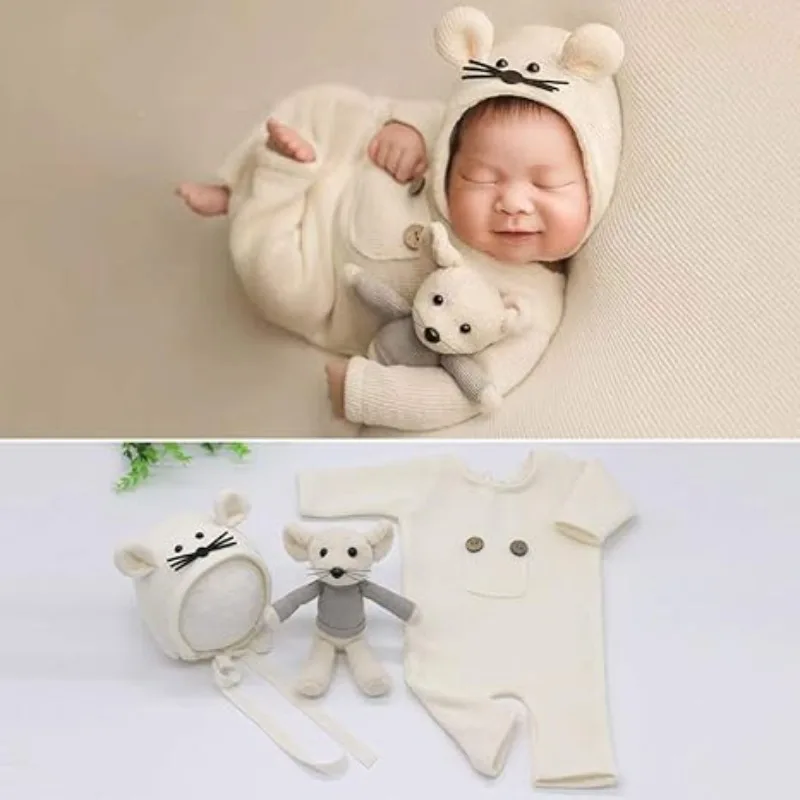Newborn Photography Props Soft Knitted Romper Hat Rat Doll Set for Infant Photo Shoot New Style 3PCS