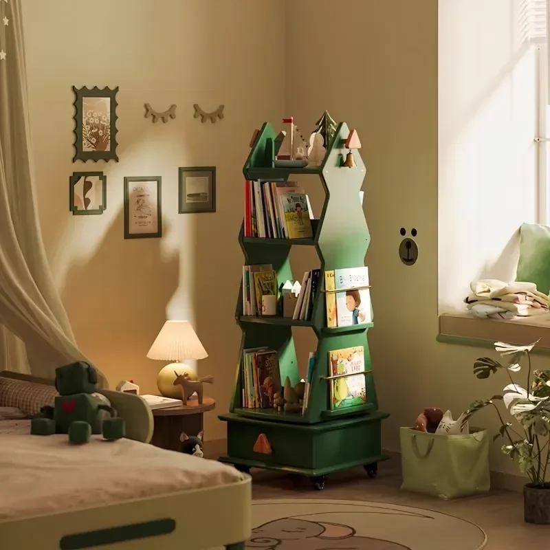 Rotating Bookshelf for Kids Room Solid Wood Tree Shape Storage Rack Removable Children Reading Bookcase Home Decor Gift