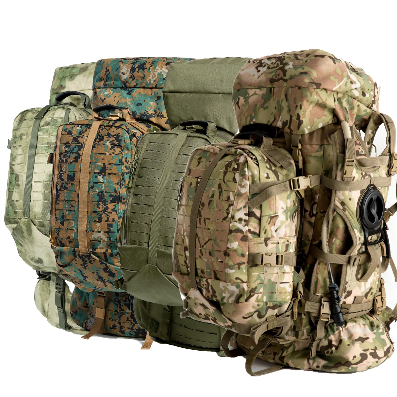 Military ILBE Laser Cut Tactical Backpack 1000D Waterproof With Hydration Pack & Radio Pouch 120L Capacity Camo
