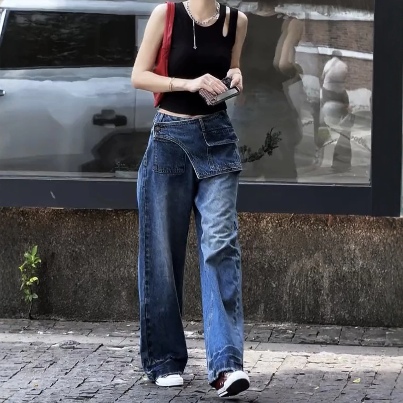 

Women Casual Eclectic Waif 2000s Jeans American Vintage Patchwork Jeans Y2K Harajuku Street Style Washed Pockets Denim Trouser