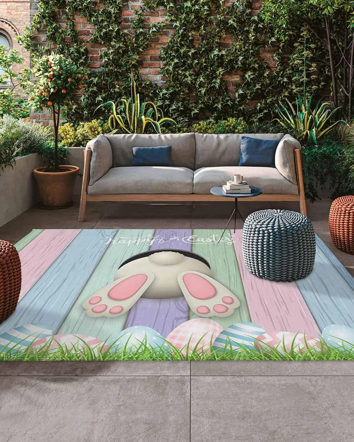 

Outdoor Rug For Patio, Large Floor Mat Easter Eggs Cute Rabbit Butt Colorful Wood Board Grain Non Slip Area Rug Rubber Backing