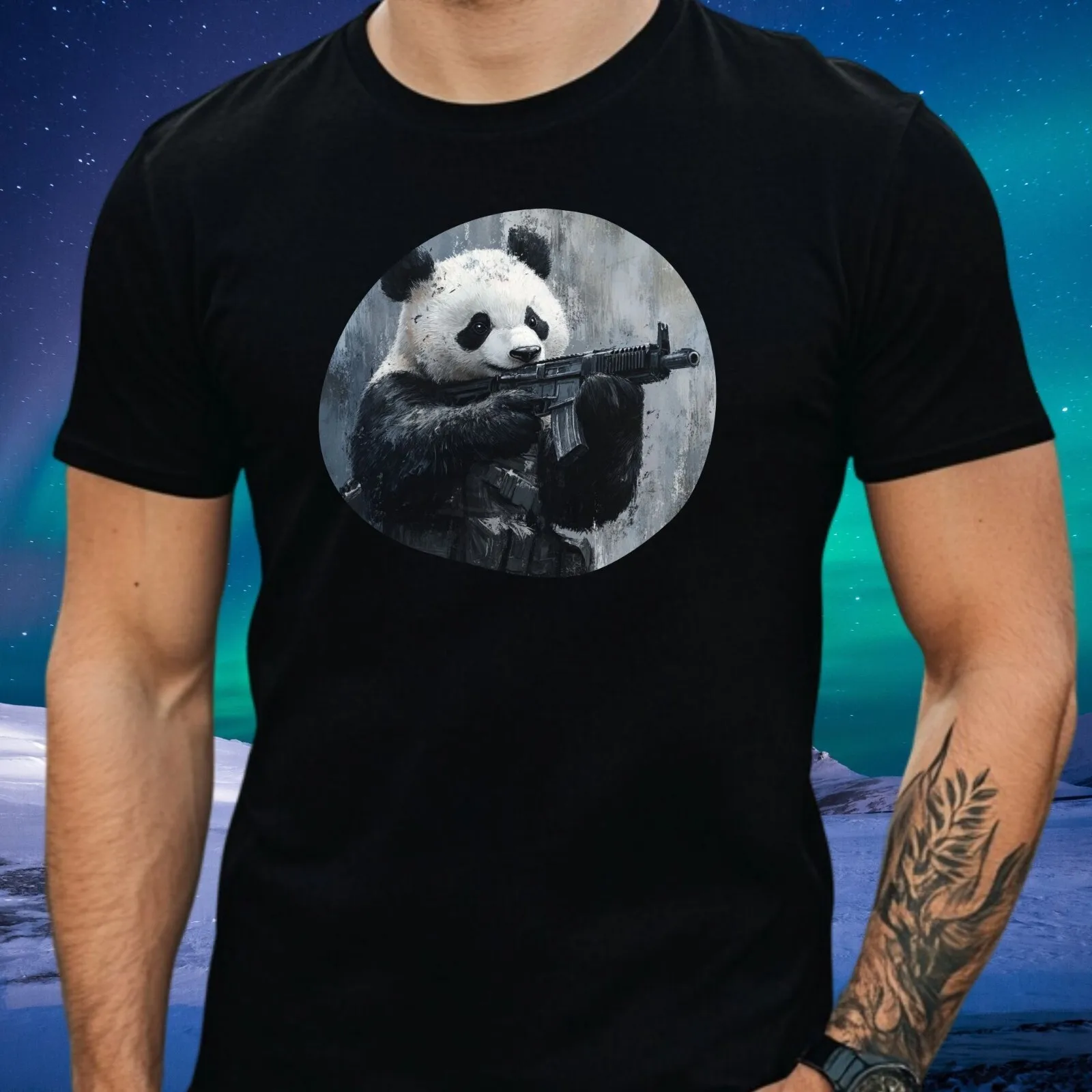 Herren-T-Shirt aus Baumwolle mit Panda-Gun-Print, Größe XS bis 5XL