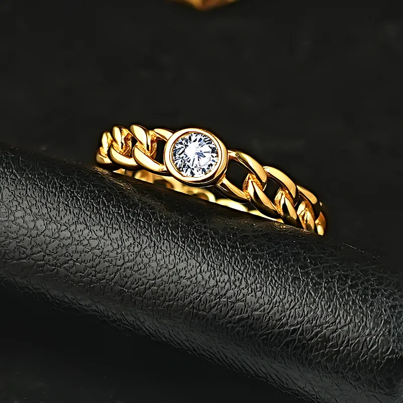 Mid ancient style simple 925 silver Cuban chain ring inlaid with high carbon diamond, versatile, niche, simple and retro women