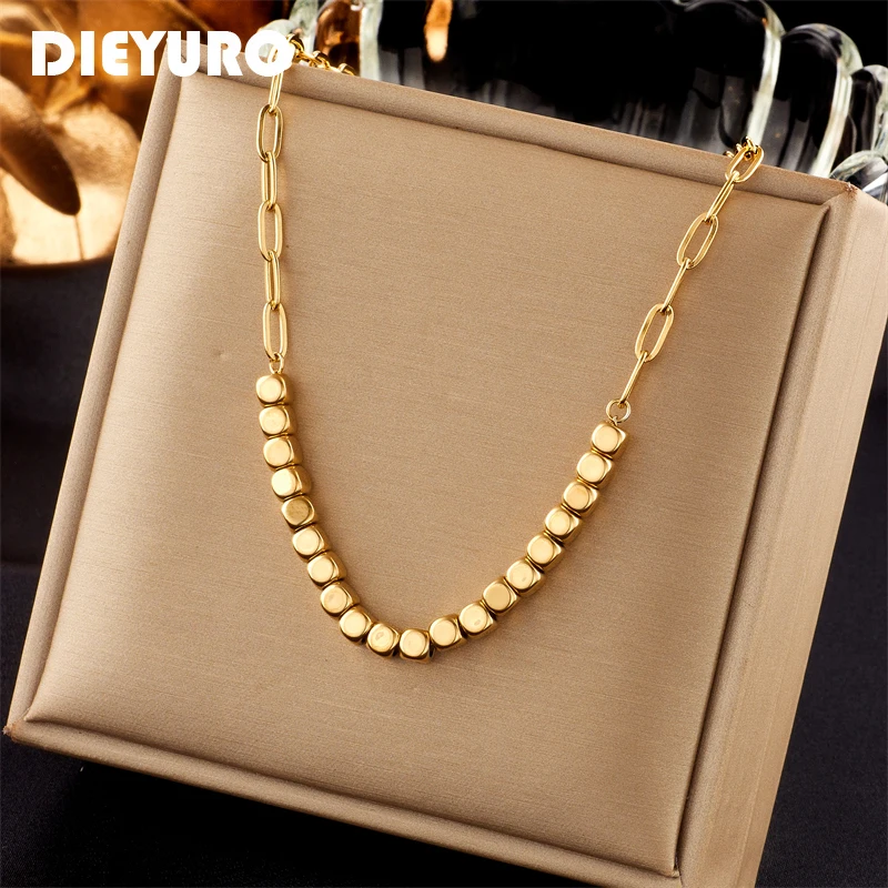 DIEYURO 316L Stainless Steel Gold Color Geometric Cube Chains Necklace For Women Fashion Girls Clavicle Choker Jewelry Gifts