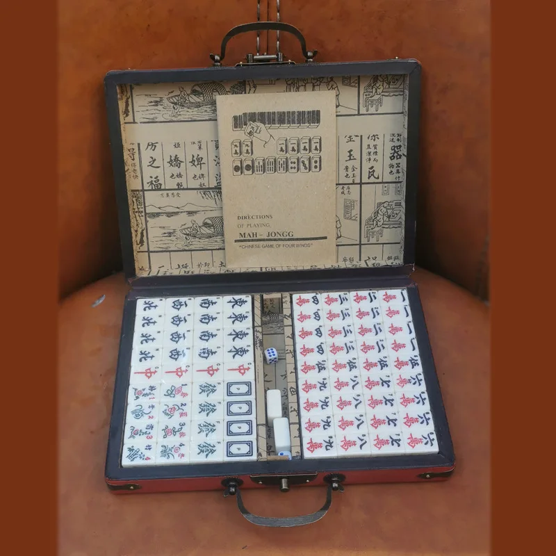 Antique Mahjong Box with Melamine Mahjong Ming and Qing Craft Leather Box for Tourism English Mahjong