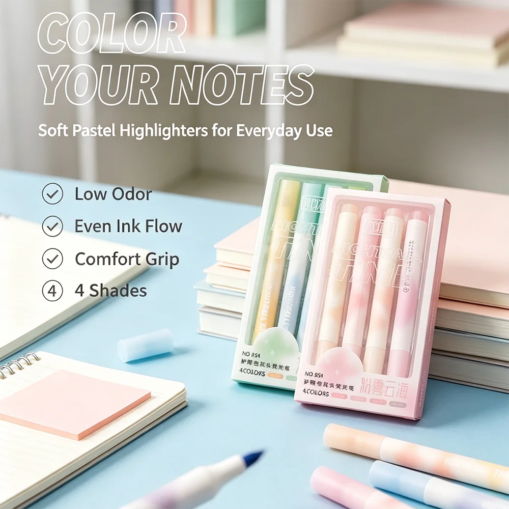 4Pcs Kawaii Colored Highlighter Pens Set,Smooth‑writing Fluorescent Marker Pens, Portable School Journaling Stationery Supplies