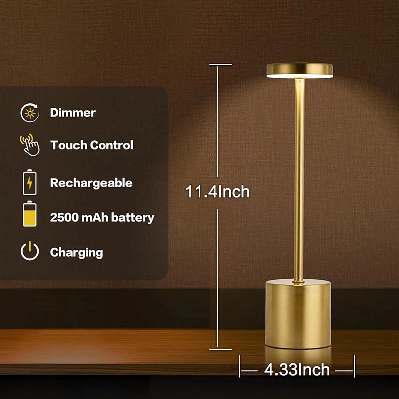 Metal Classic Table Lamp USB Rechargeable Night Light Stepless Dimming Touch Desk Lamp 3 Level Bedside Lamp Hotel Bar Decoration