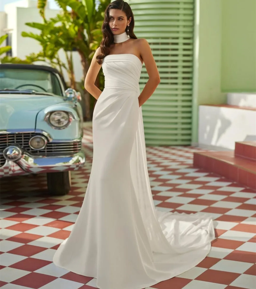 Customized Long Crepe Wedding Dresses Women's Mermaid Strapless Pleated Buttons Back Sweep Train Maxi Bridal Gowns