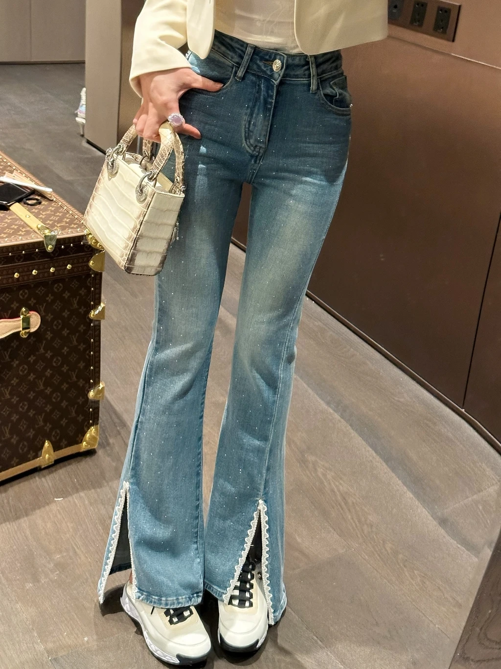 

Джинсы с высокой талией и расклешенным низом, облегающие, с разрезами, из хлопкового стрейч-денима, синие, для женщин, весна-лето-осень, модные