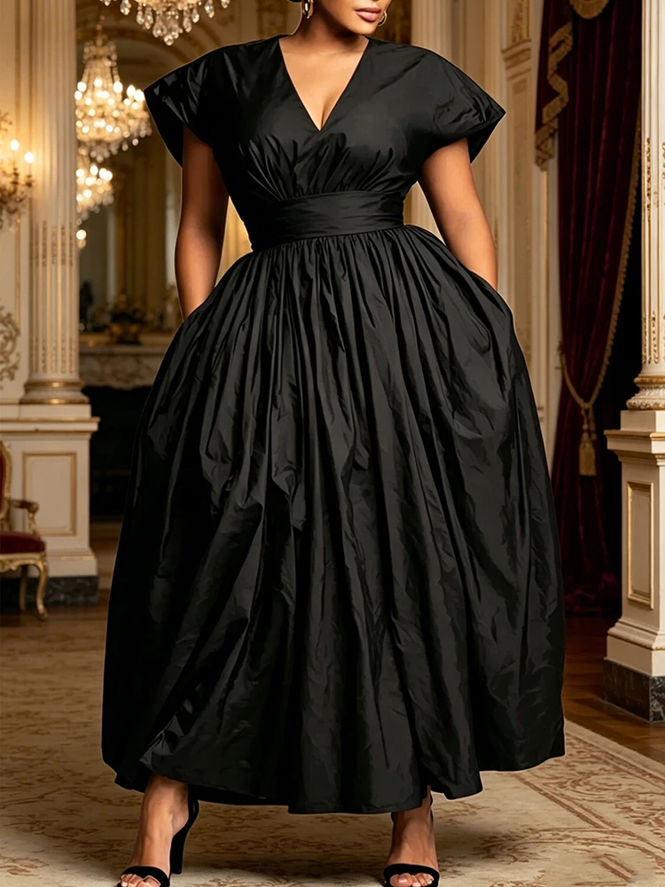 Plus Plus Size Women Batwing Sleeve Party Dress Elegant V-Neck High Waist Pleated Voluminous Formal Wedding Guest Cocktail Dresses - Aliexpress Deal