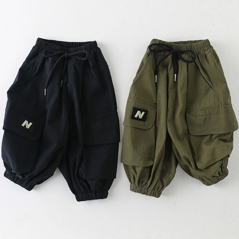 Autumn Kids Solid Cargo Pants Boys Thin Elastic Waist Sport Trousers 2+Y Young Child Clothing Baby Ankle Length Letter Sweatpant