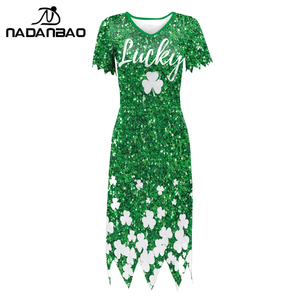 Nadanbao 3D シャムロックプリント グリーンドレス レディース 聖パトリックデー パーティードレス 夏 Vネック イレギュラードレス カジュアル衣装