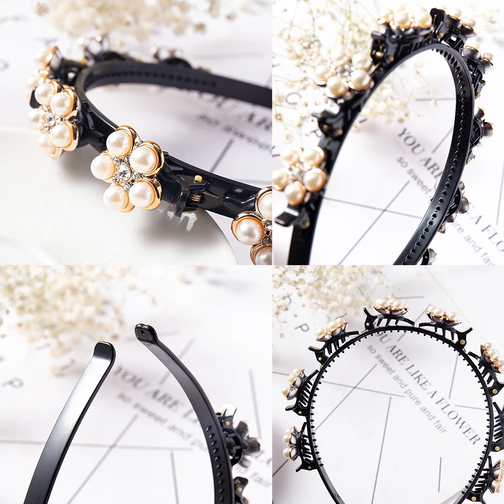 Pearl Flower Hairband Rhinestone Headband Women Hair Band Claw Hoop Double Layer Bangs Hairstyle Bezel Hairpin Hair Accessories