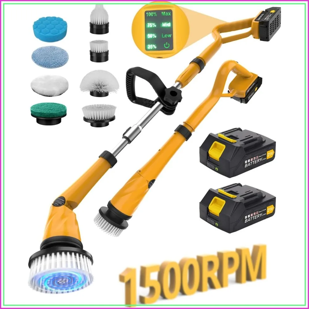 

1500 RPM Cordless Spin Scrubber with Dual Batteries, 8 Brushes, Smart Display, Adjustable Handle, IPX7 Waterproof for Tile, Grout, Tub