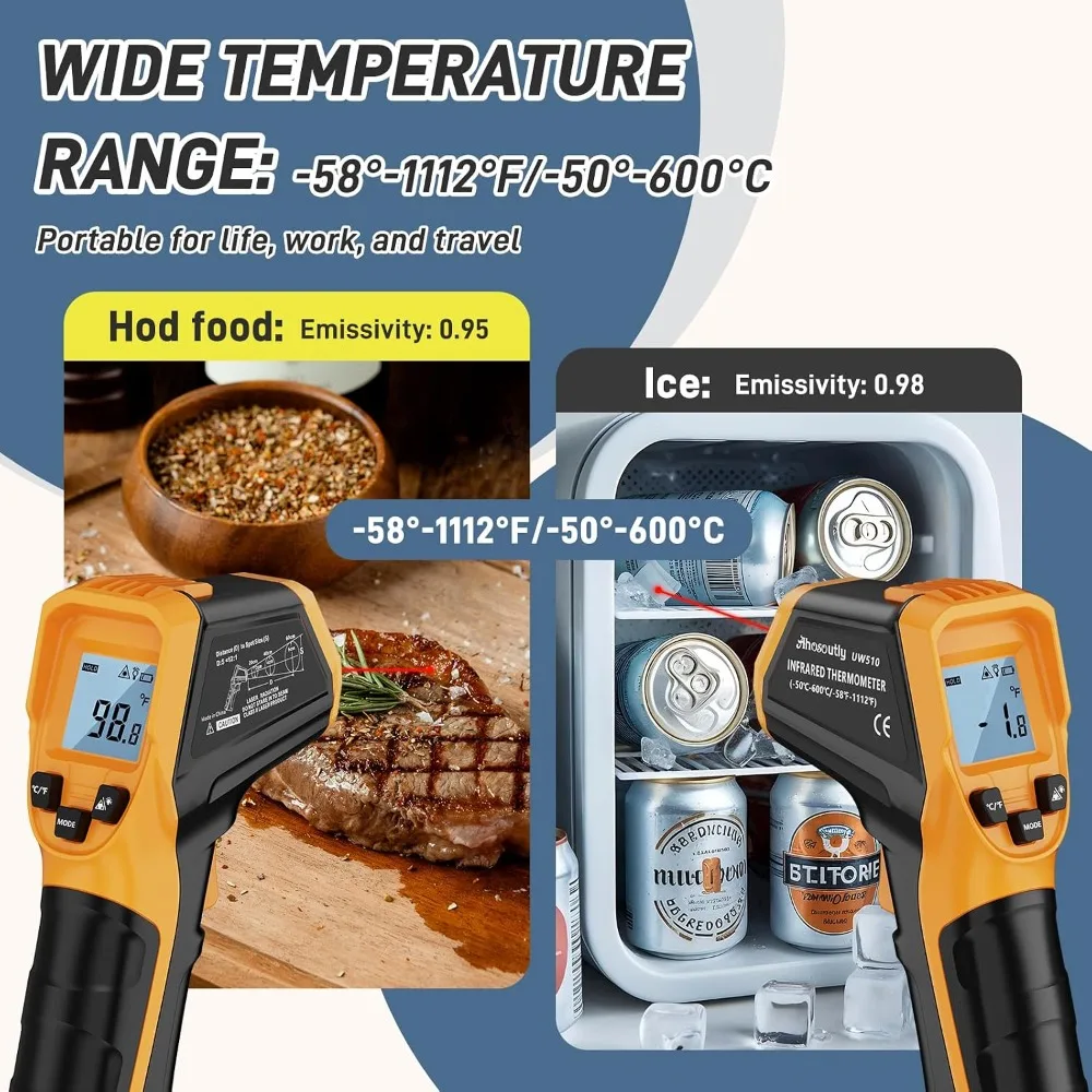 Infrared Thermometer Laser Temp Gun -58°F to 1112°F, Calibration & Adjustable Emissivity, Min/Max, for Cooking, HVAC, Auto view 5