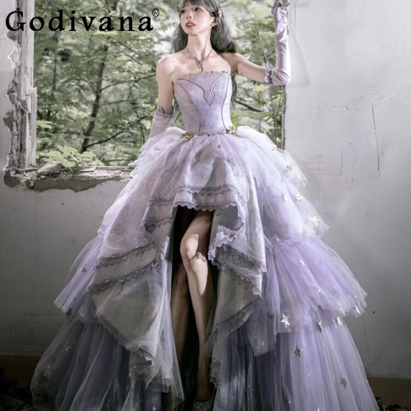 

Evening Lolita Dress for Women Birthday Strapless Lace Puff Dress with Train Adult Ceremony Dreamy Summer Princess Dress