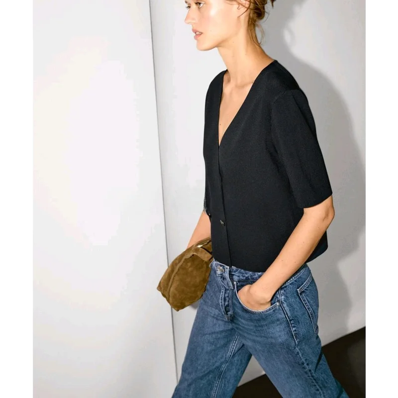 بلوزة نسائية جديدة لفصلي الربيع والصيف، محبوكة بياقة على شكل V وأكمام قصيرة، تصميم مفتوح من الأمام، مناسبة للعمل، مصنوعة من أ...