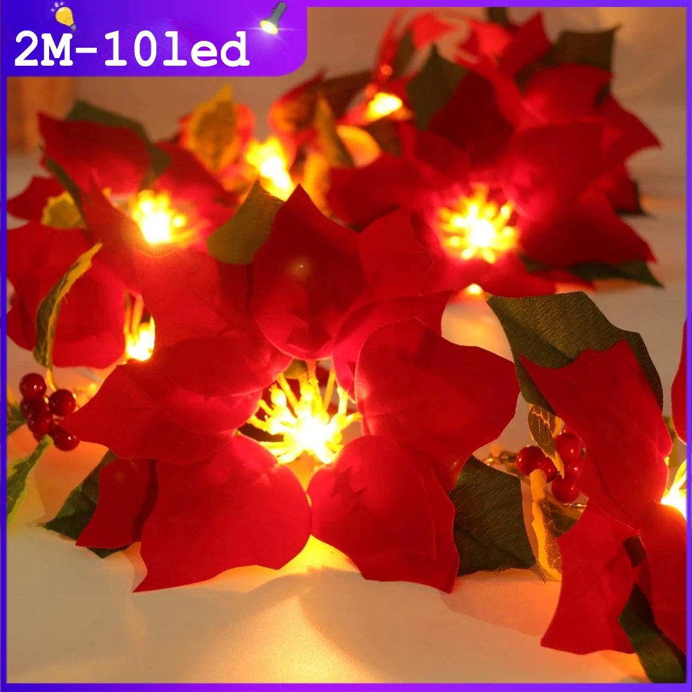 2M LED Christmas Poinsettia Flower Garland String Lights with Red Berries Holly Leaves Battery Powered Lighting Strings 10 Leds