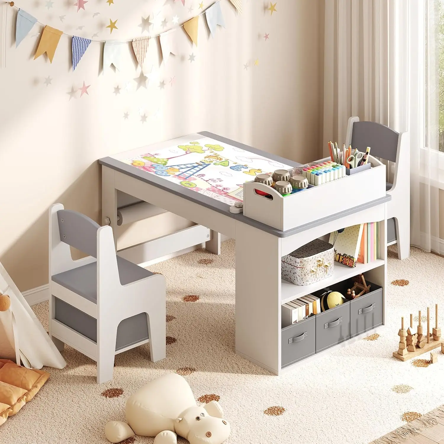 Kids Art Table and Chair Set, Wooden Toddler Activity Desk with Removable Tabletop Shelf and 5 Storage Drawers,, Customized