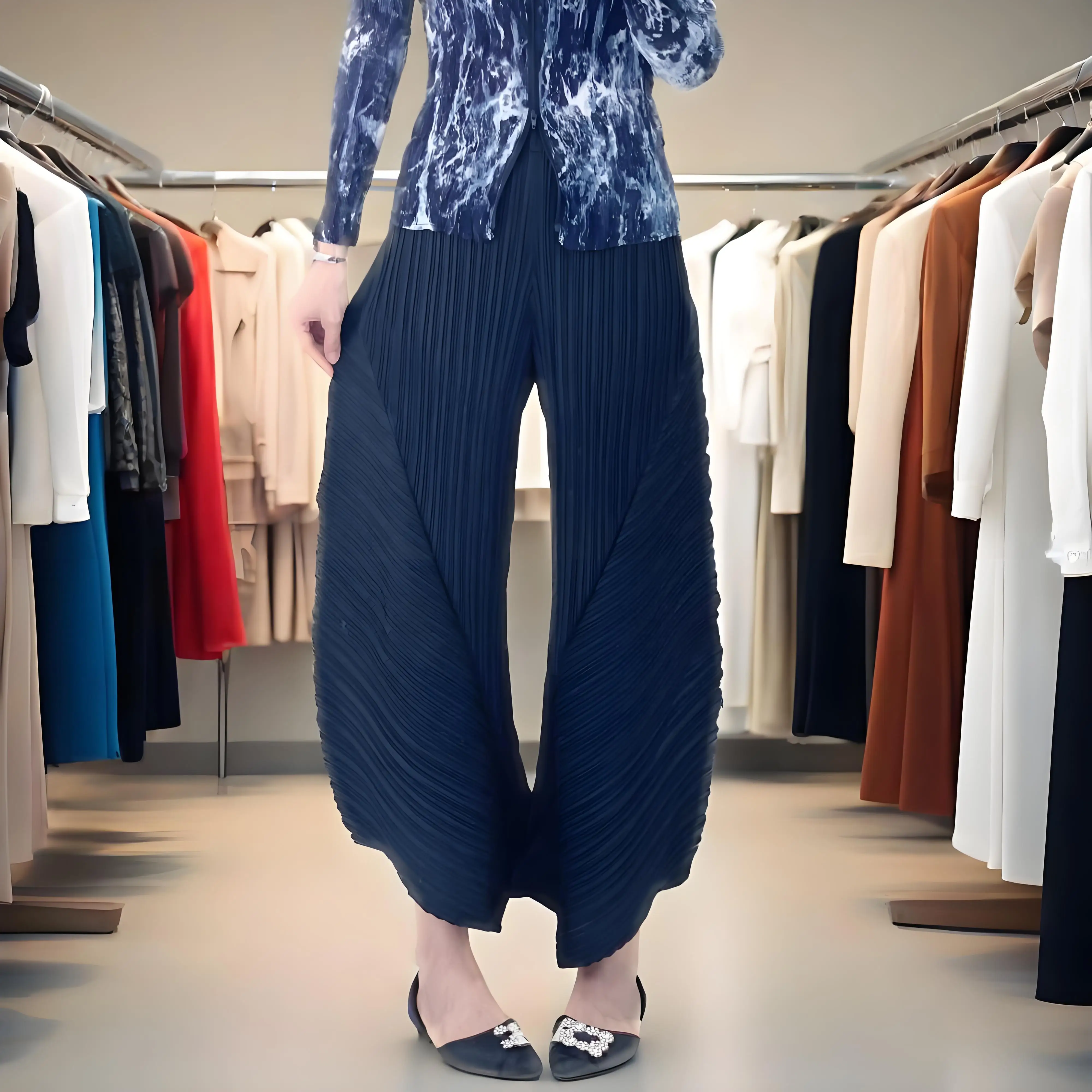 

Miyake Summer Wide Leg Pants Women's Simple Loose Casual High Elastic Nine-Point Pants Commuter Versatile High Waist Drop Pants