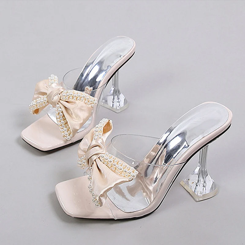 Liyke 2024 New Style Pink Women Slippers Sandals Fashion Pearl Bowknot High Heels PVC Transparent Shoes Summer Mule Slides Pumps