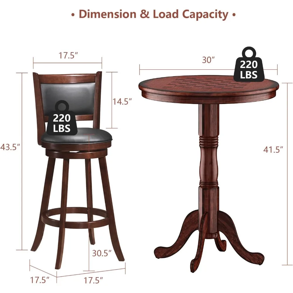 Conjunto de mesa de bar giratória de madeira de 3 peças com base de pedestal e tampo redondo, ideal para área de pub em casa