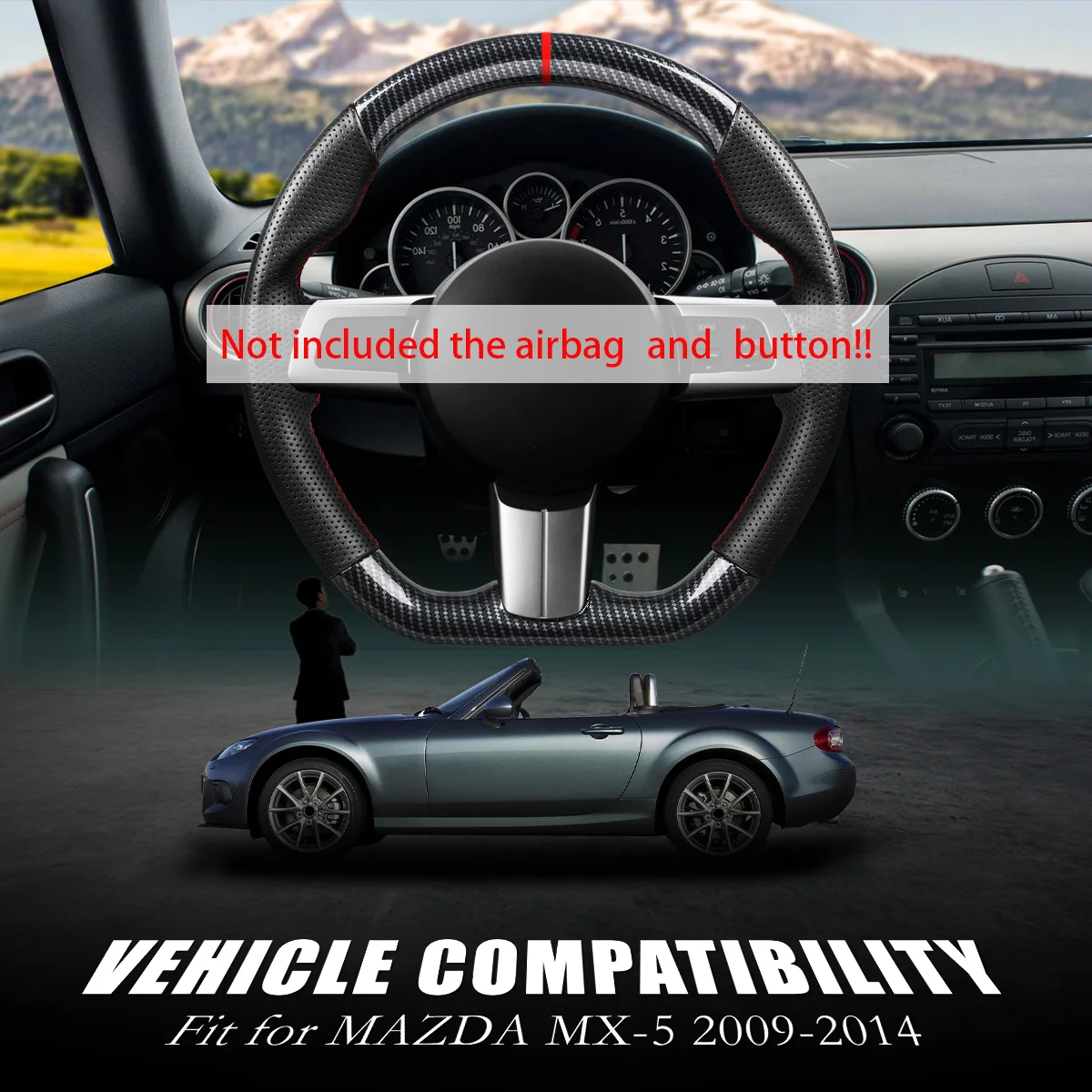 Hydro-Dip Carbon Fiber Steering Wheel For Mazda MX-5 2009 2010 2011 2012 2013 2014 Perforated Leather Racing Wheel