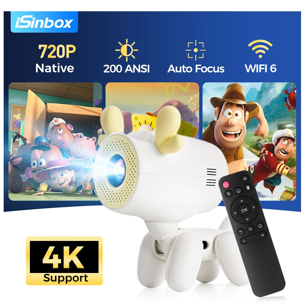 ISinbox projecteur intelligent Android13 200ANSI natif 720P prise en charge 4K WIFI6 BT5.3 projecteur de faisceau vidéo de cinéma maison extérieur Portable