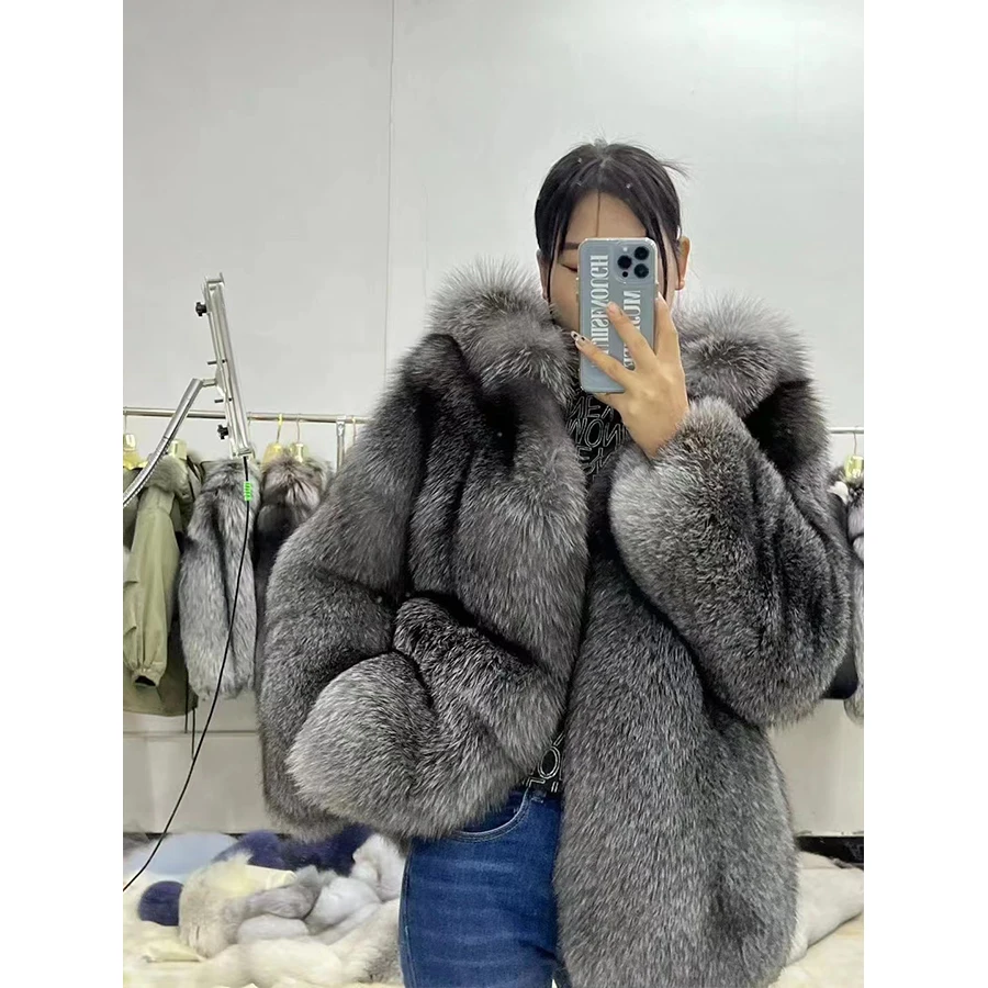 Real Fox Fur Coat With Hood For Women Silver Fox Fur Hooded Jacket Winter Jackets Best Selling Styles Short Furs Coat