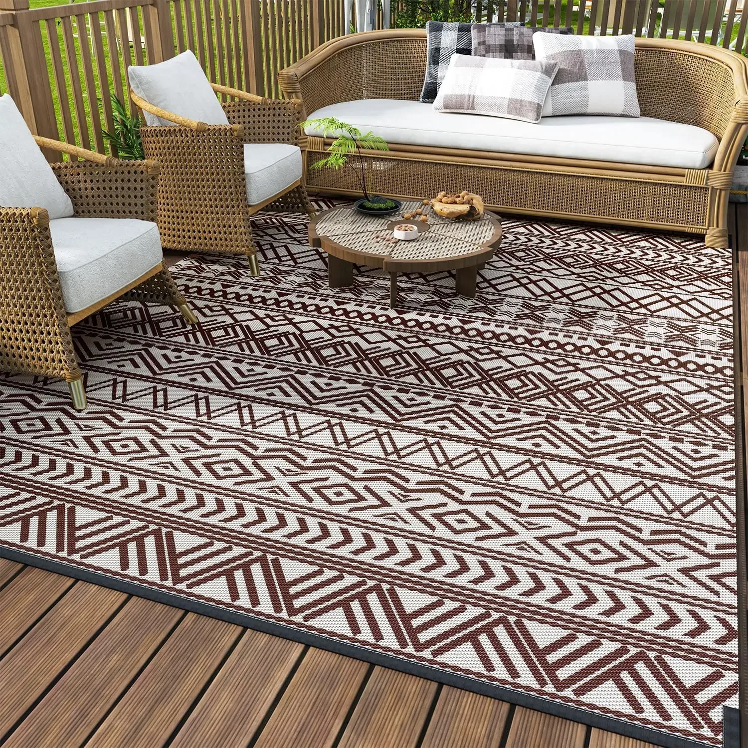 

Outdoor Rug Carpet Waterproof 6x9 ft Reversible Patio Rug RV Camping Rug-Plastic Straw Rug Boho Beige Brown