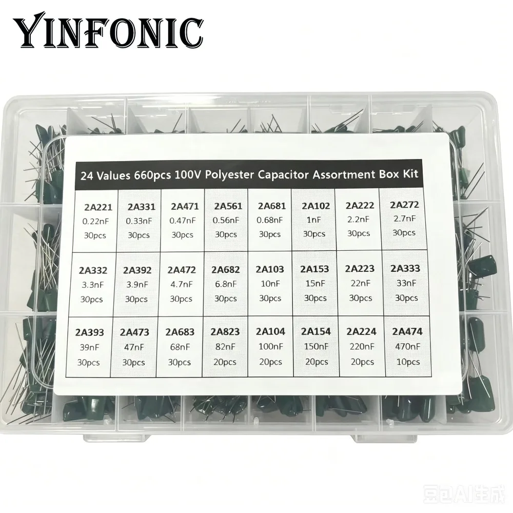 24Value 660pcs Mylar capacitor kit 100V 2A221J to 2A474J 10nF 100nF 0.1uF 1uF Polyester Film capacitor Assorted Kit