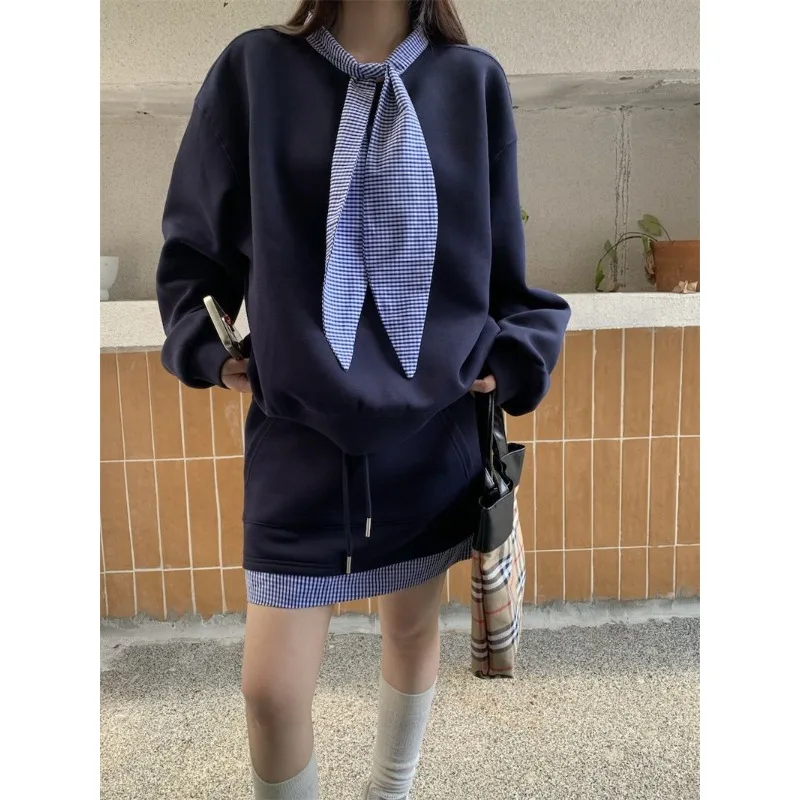 

Осень 2021, модный дизайн, контрастный цвет, клетчатая кружевная толстовка с высокой талией, юбка из двух частей