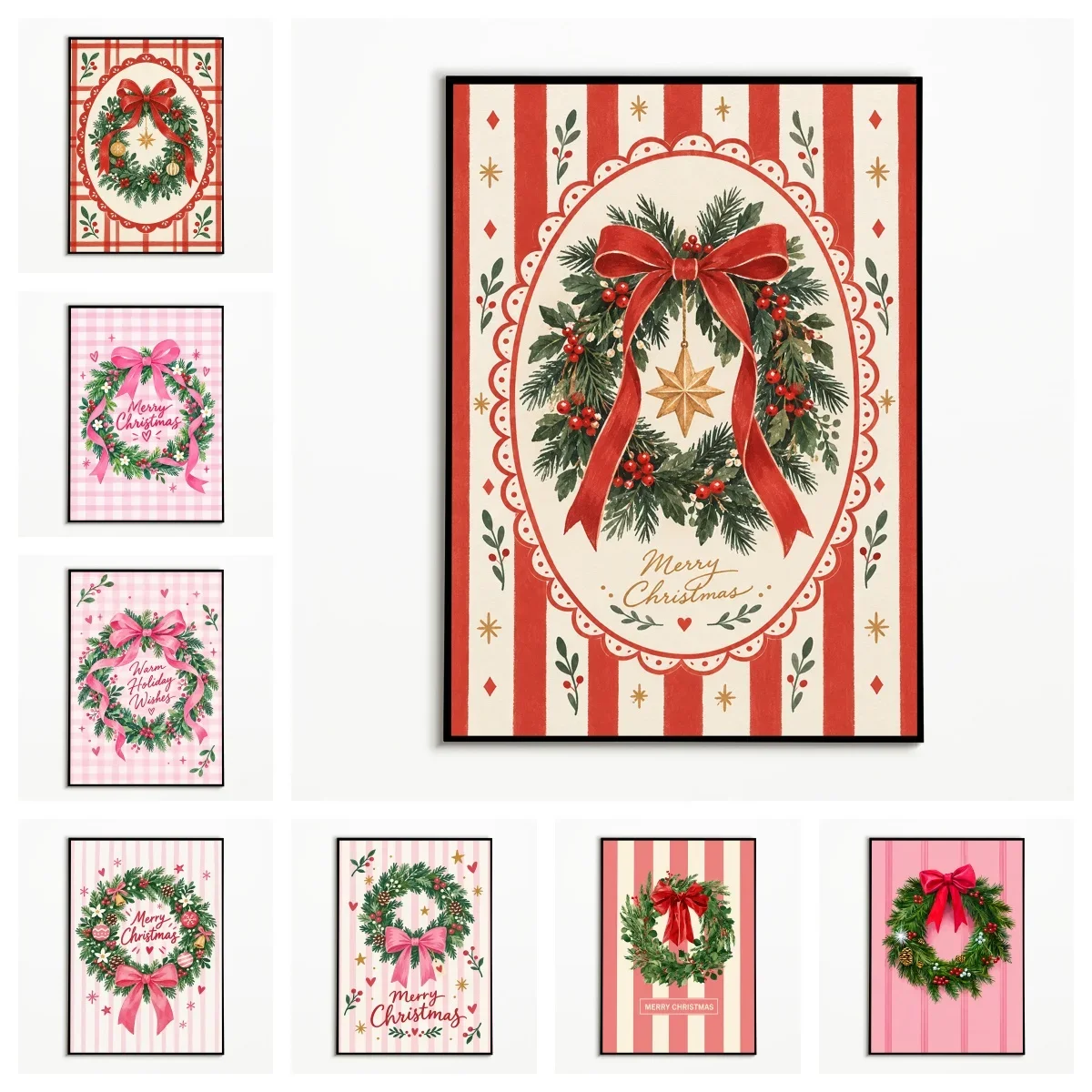Multiple sizes 1pc frameless Large size Canvas Painting,1PC Retro Wall Art Christmas Wreath Bow Posters Modern Canvas Painting R