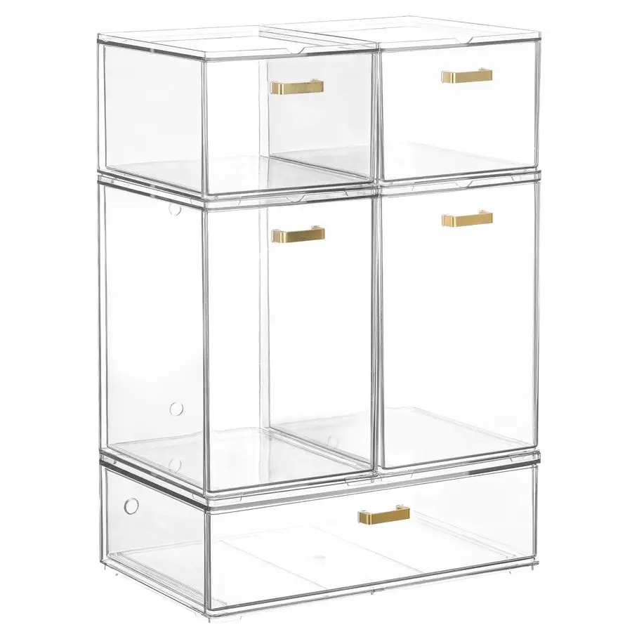 

Набор из 5 штабелируемых ящиков для хранения, прозрачные акриловые органайзеры для косметики, идеально подходят для туалетного столика, под раковину, на кухню.