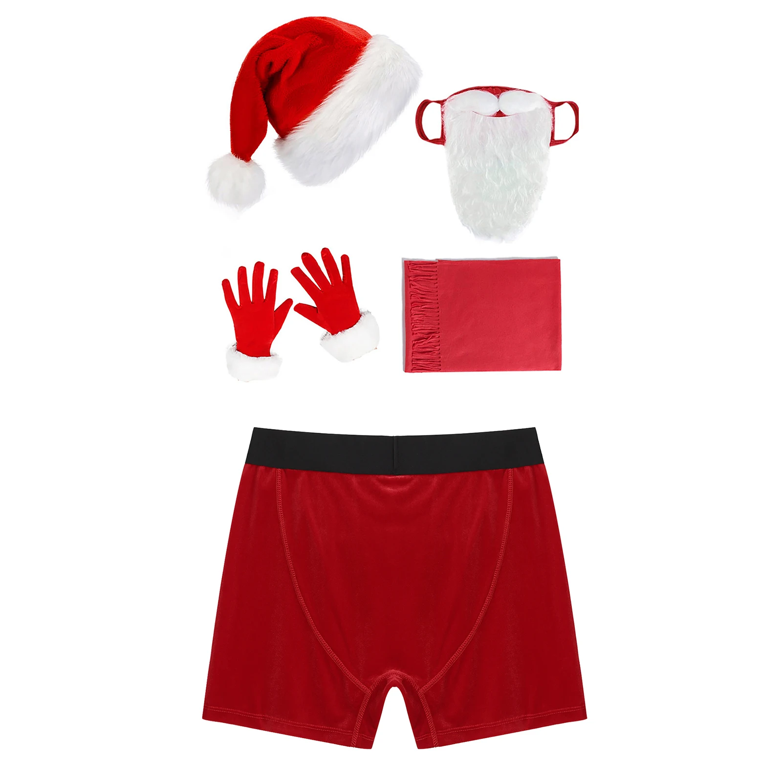 5 Pieces Mens Christmas Santa Claus Underwear Suits Bowknot Boxer Briefs Shorts with Hat Beard Gloves Scarf for Christmas Set